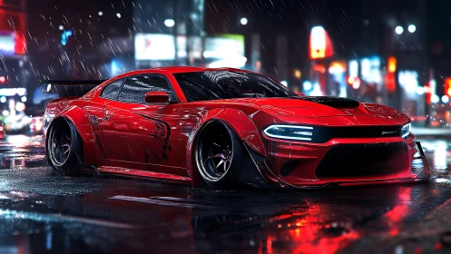 Red widebody street racer in neon-lit rainy urban nightscape