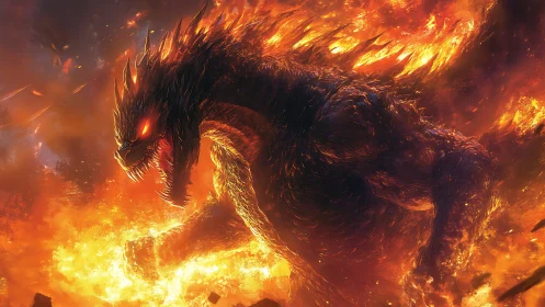 Gigantic reptilian creature advances through dense surrounding fire