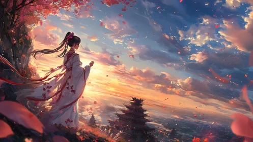 Woman in flowing hanfu overlooks pagoda at vivid sunset