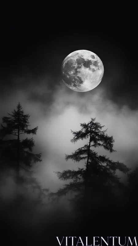 Full moon over fog-drenched pines in monochrome nightscape.