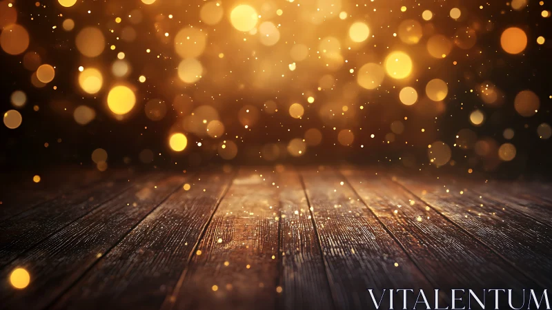 Golden bokeh lights drift above rustic wooden floor.