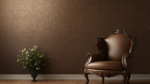 Leather wingback armchair anchors dark classic interior.