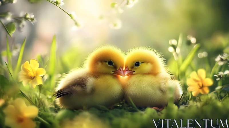 Two ducklings nuzzling together in soft spring sunlight.