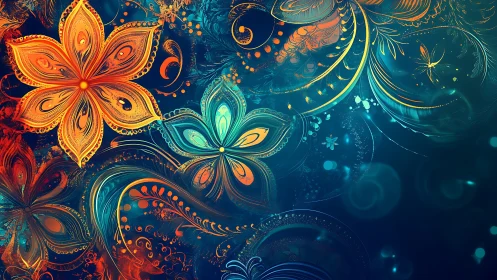 Floral fractal composition overlays on deep teal gradient