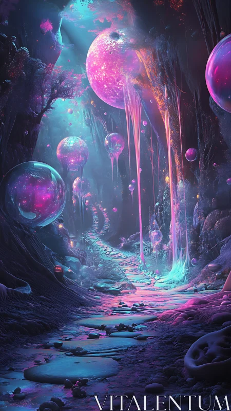 Luminescent cavern path with floating orbs and dripping forms.