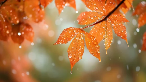 Orange maple leaves with raindrops in shallow focus view.