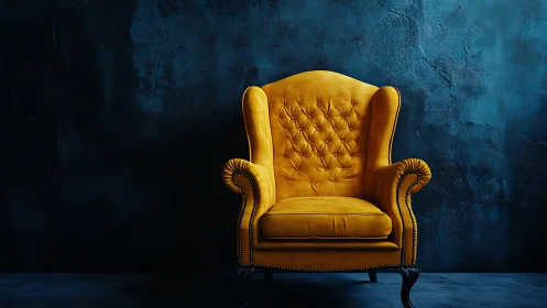 Golden velvet armchair against deep textured blue wall.