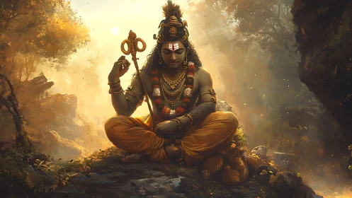 Serene forest meditation with a luminous divine presence.