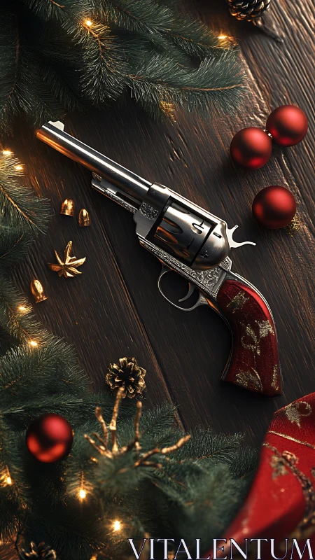 Engraved revolver with red grip amid Christmas decor.