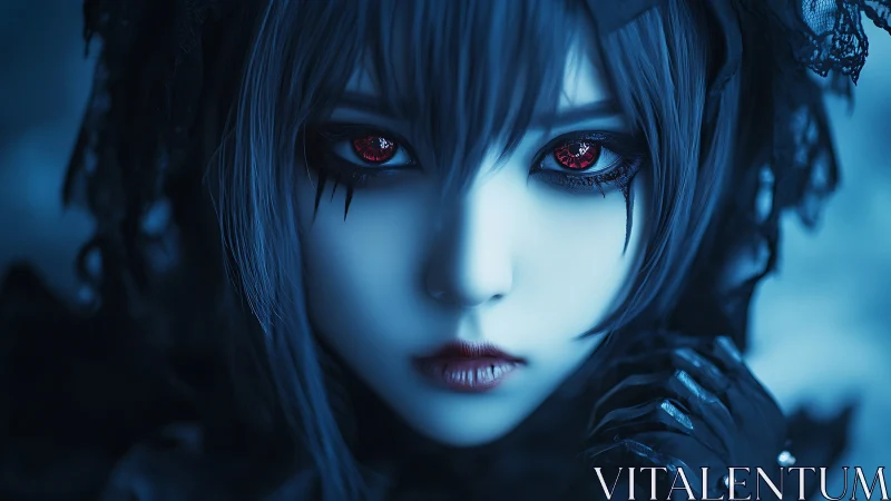 Gothic anime girl with red glowing eyes in blue light.