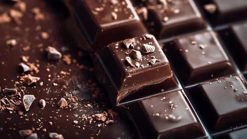 Segmented chocolate bar with shattered crumb texture and selective depth of field