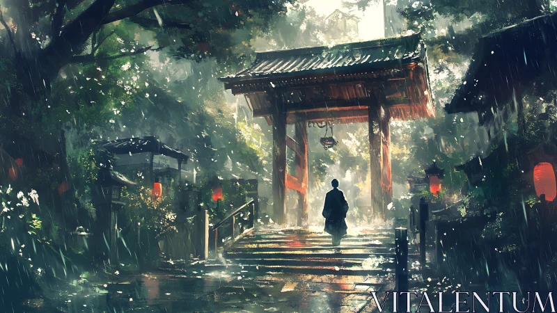 Monk crossing rainlit shrine gate in misty lantern garden.