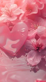Pink Heart Form Floating Among Spring Flowers in Liquid