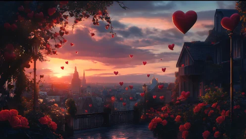 Atmospheric Urban Sunset with Floating Heart Silhouettes and Architectural Framing