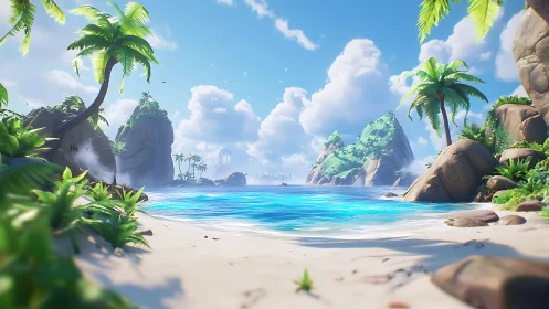 Tropical Paradise Beach With Towering Rock Formations.