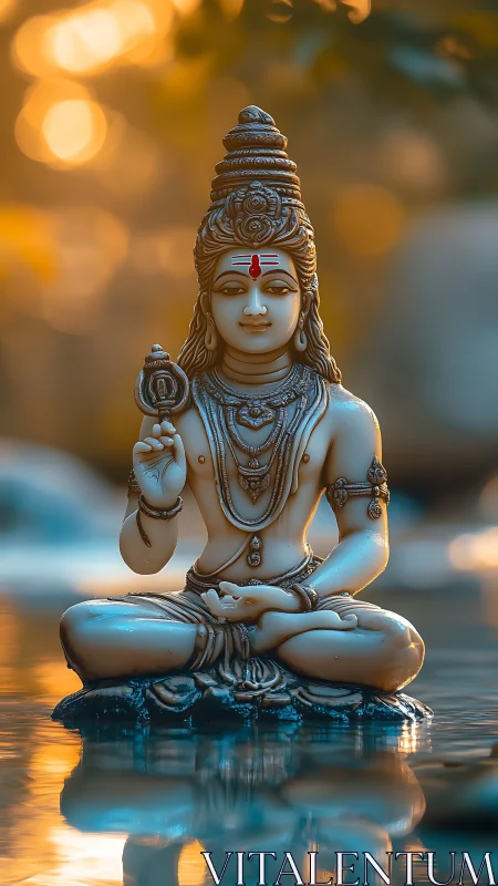 Shiva statue seated in meditation over reflective water.