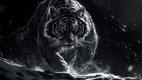 Snowy night tiger charging forward in dramatic motion.