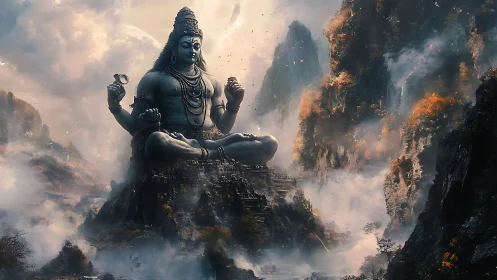 Colossal Shiva statue seated among misty mountain cliffs.