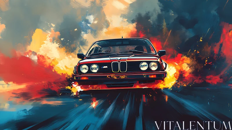 Classic BMW coupe drifting through abstract firestorm clouds