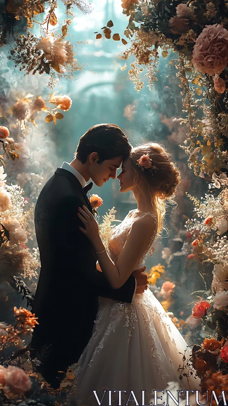Tender bridal embrace in a luminous floral archway scene.