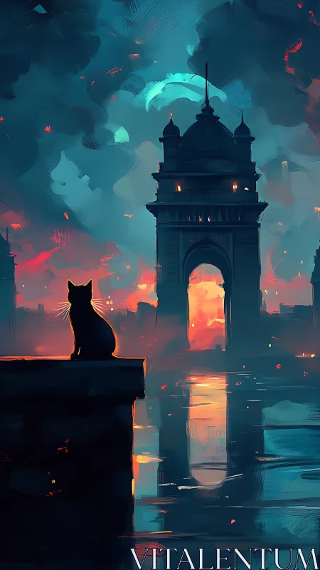 Mystic city sunset watched by a quiet, curious black cat.