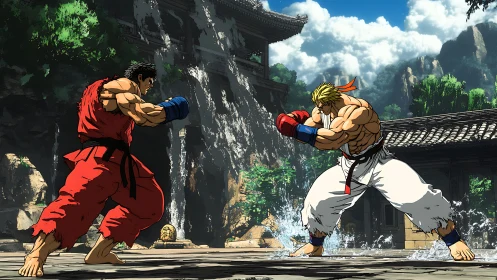 Martial artists clash in sunlit temple courtyard battle