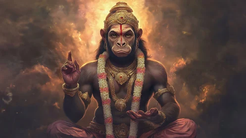 Simian-headed deity figure sits centered in ornate regalia