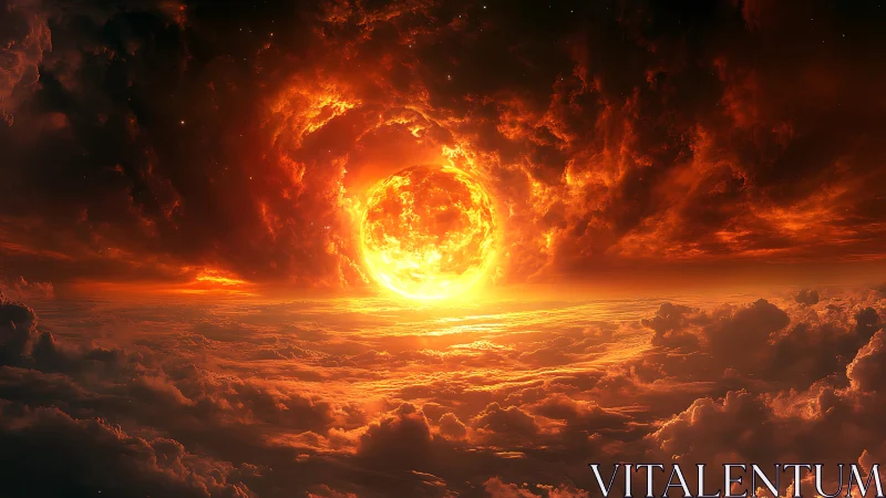 Massive Sun Erupts Above Cloudscape. Stellar Explosion.