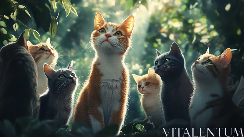 Group of cats in forest clearing with directional light.