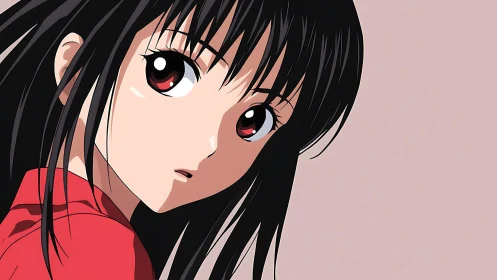 Side-profile anime portrait depicts girl with red eyes
