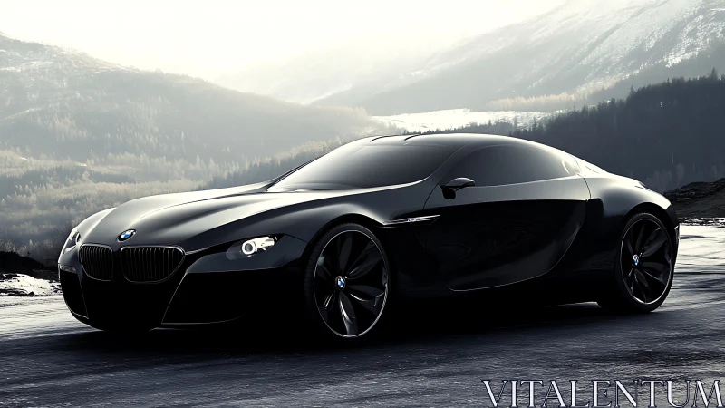 Aerodynamic black BMW coupe with glossy reflections on alpine road