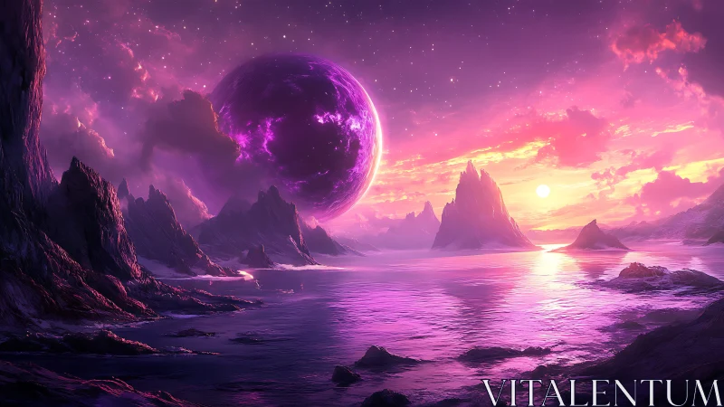 Vivid alien seascape with massive glowing purple planet.