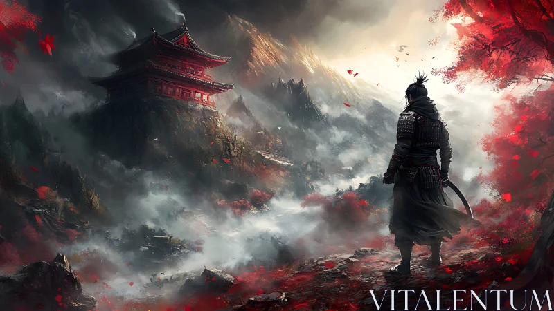 Lone samurai overlooks stormlit temple in crimson valley.