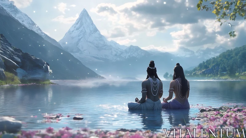 Quiet mountain meditation beside a shimmering sacred lake.