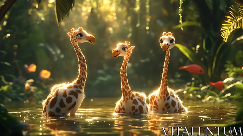 Three stylized baby giraffes bask in luminous jungle shallows