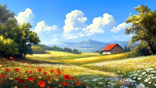 Rural meadow landscape shows cottage, fields and mountains