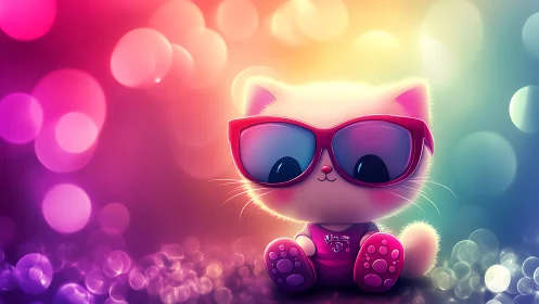 Neon Cat with Sunglasses Against Glowing Bokeh Background.
