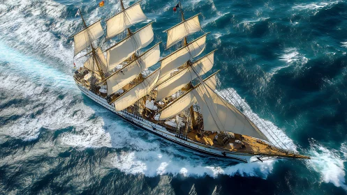 Tall-masted sailing ship moving through open ocean waters.