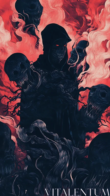 Crimson smoke swirls around a hooded reaper of shadows