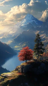 Crimson tree above alpine lake beneath towering snow peak.