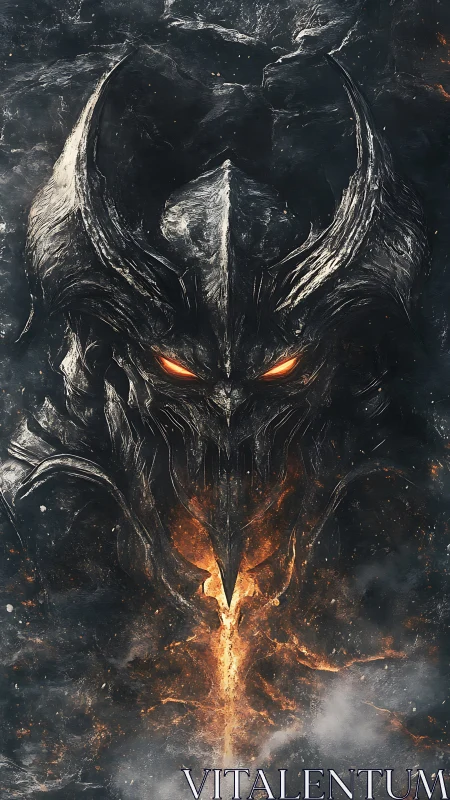 Demonic molten helm emerges from swirling ash and flame.