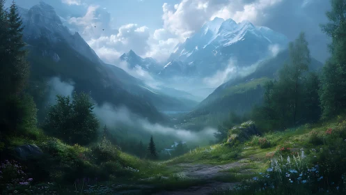 Misty alpine valley with snow peaks and sunlit wildflowers.
