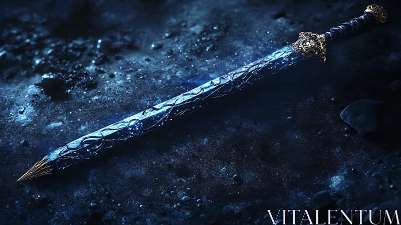Moonlit crystal sword resting on a quiet frozen path.