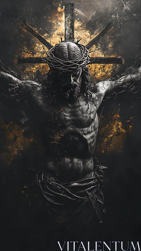 Crucified figure with crown of thorns on radiant cross field