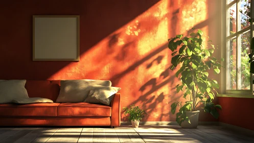 Sunlit corner sofa and plants in a cozy amber living room.