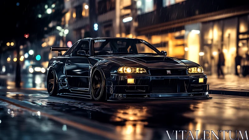 Midnight Nissan Skyline R34 waits under neon city rain.