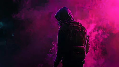 Hooded figure walks through neon pink urban mist at night