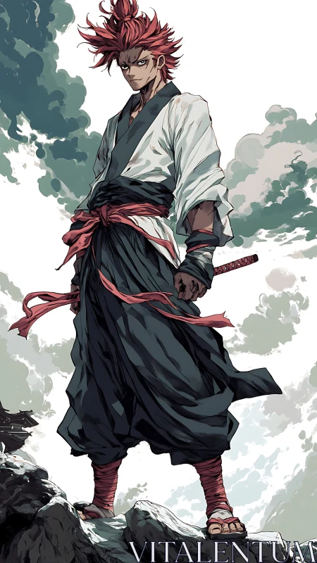 Storm-tossed samurai warrior standing on jagged cliffs.