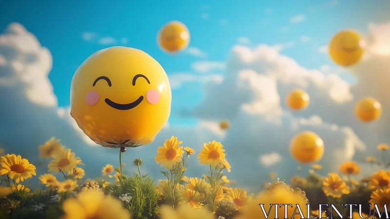 Smiling emoji balloons float above a bright daisy meadow