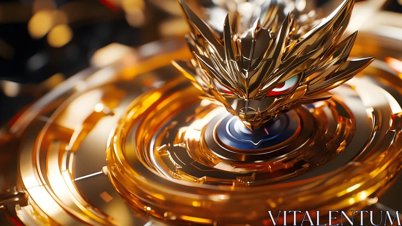 Futuristic Golden Dragon Beyblade Close-Up in Dynamic Lighting.
